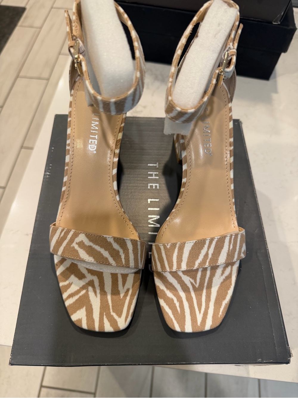 The Limited Tan and White Zebra-Print Ankle-Strap Heels